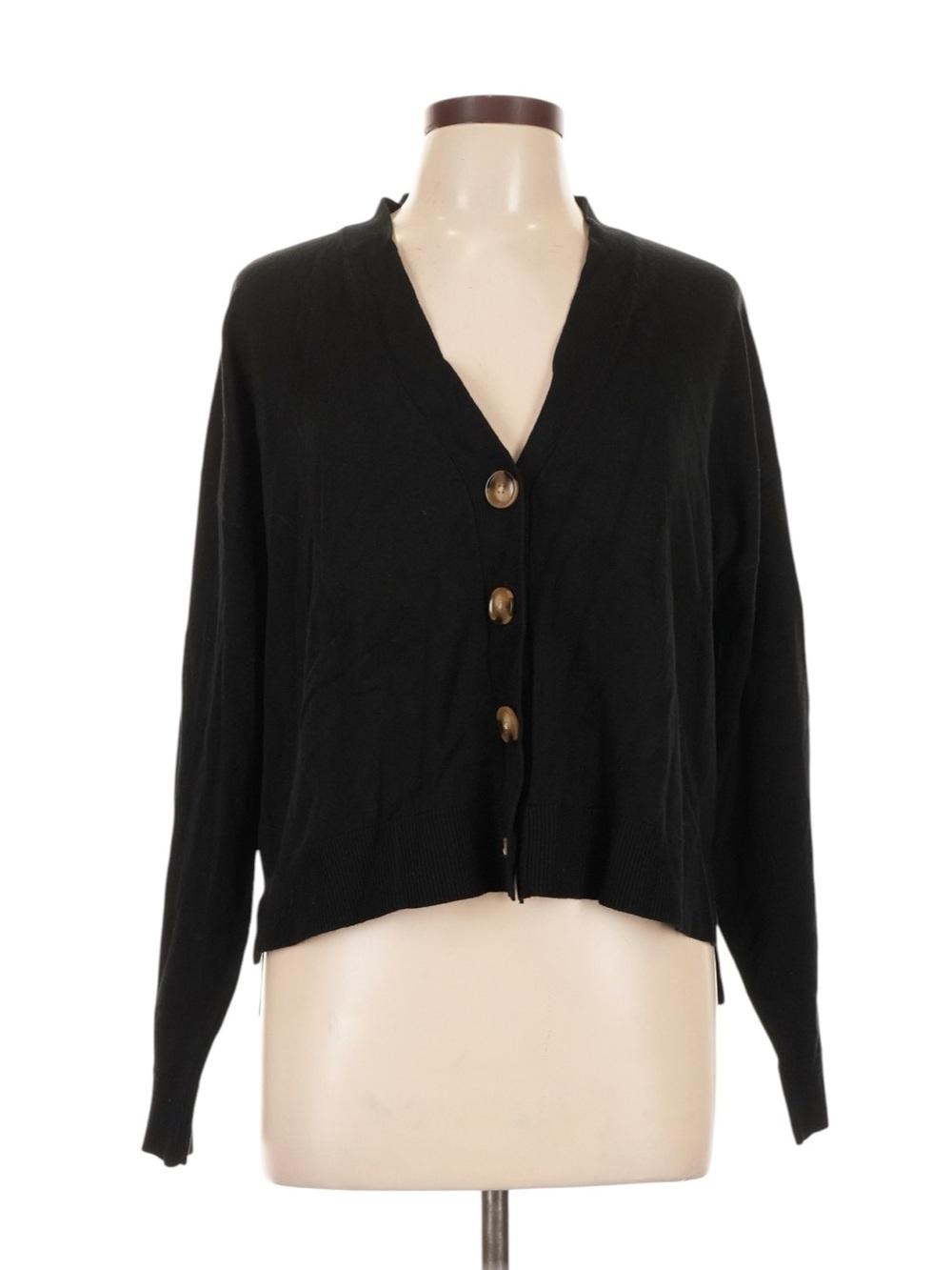 Ann Taylor V-Neck Button Front Cardigan Black Size L Brown Buttons Workwear NWT